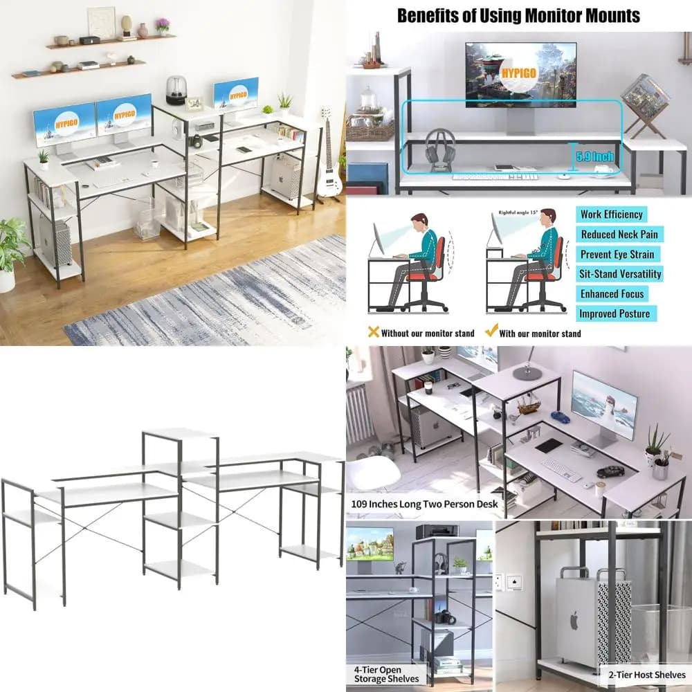 Doppia scrivania bianca extra lunga per due, grande workstation da ufficio con supporto per riporre e monitor