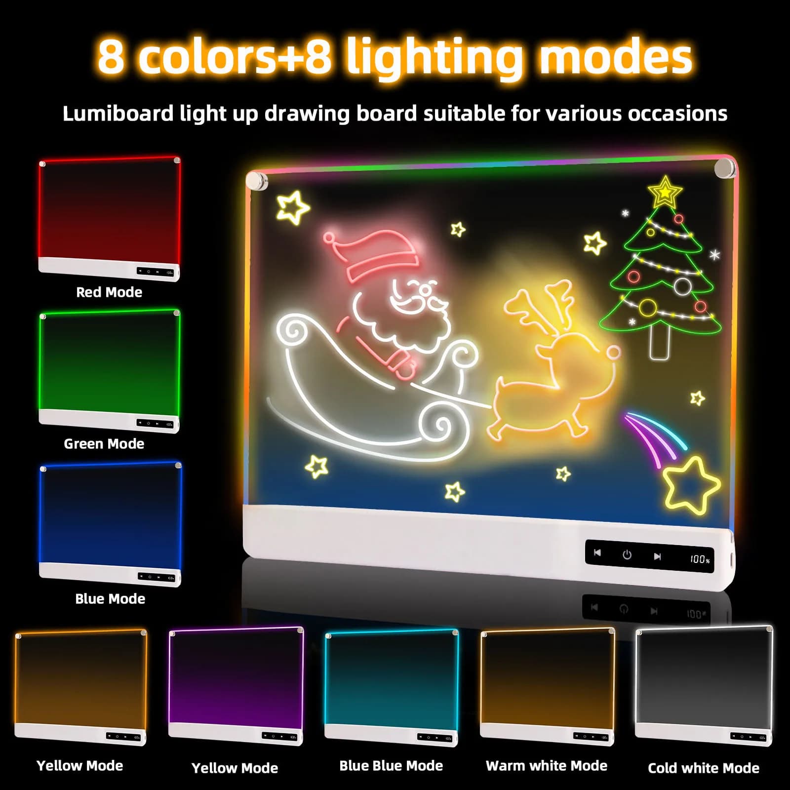 LED Glow Drawing Board for Kids Rechargeable Light Up Doodle Pad 8 Color Lighting Modes Erasable Writing Tablet