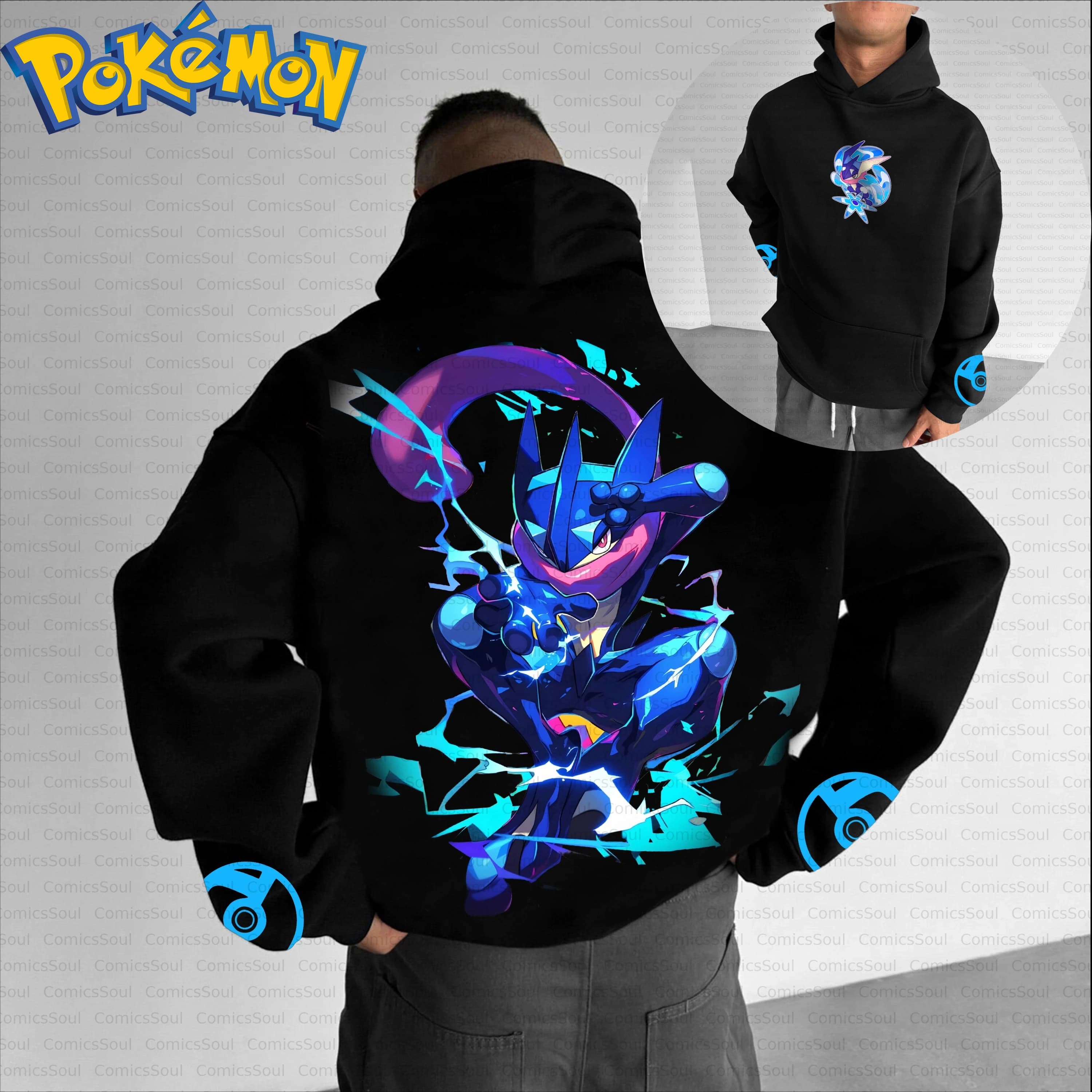 Felpa con cappuccio Pokemon in cotone nero e pantaloni Harajuku con stampa sul retro Greninja Effetti fulmini blu viola e logo sul petto Casual