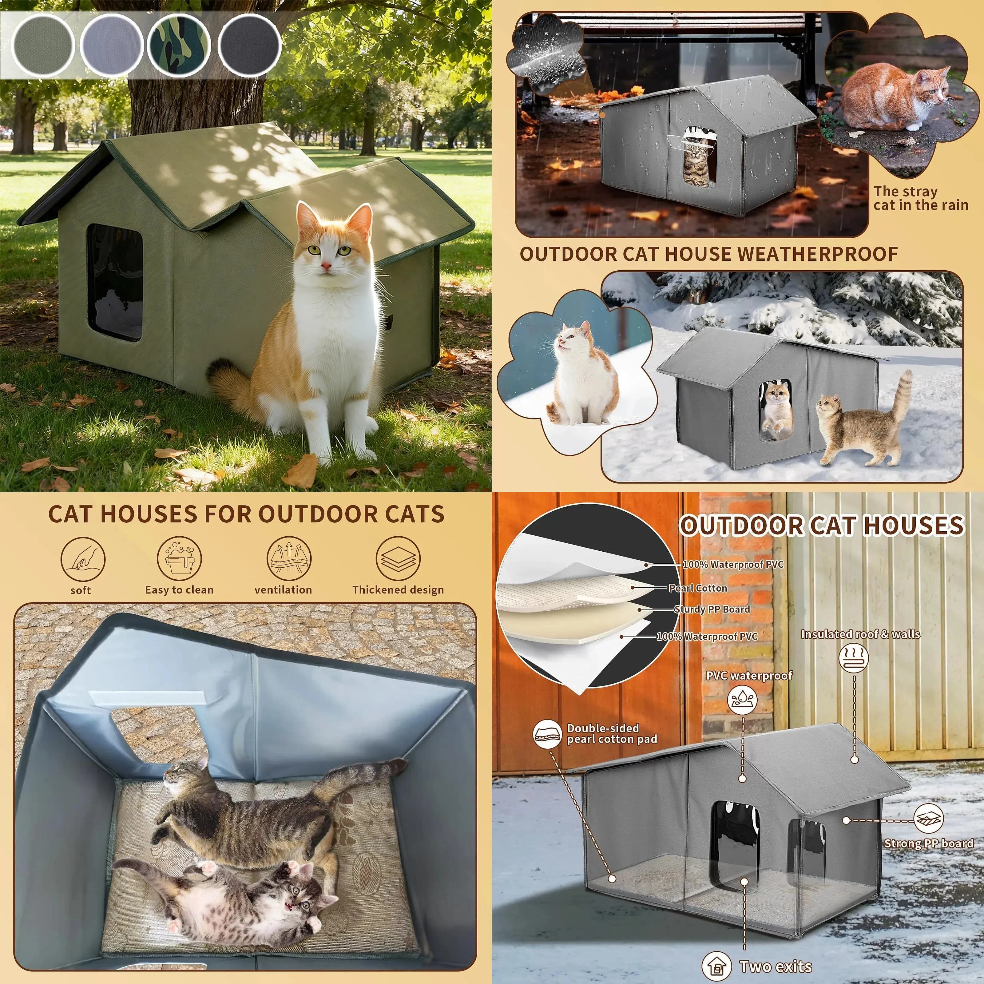 All Weather Stray Cat Shelter Waterproof Outdoor House with Detachable Roof Easy Clean Warm Winter Bed for Feral Cats Puppies