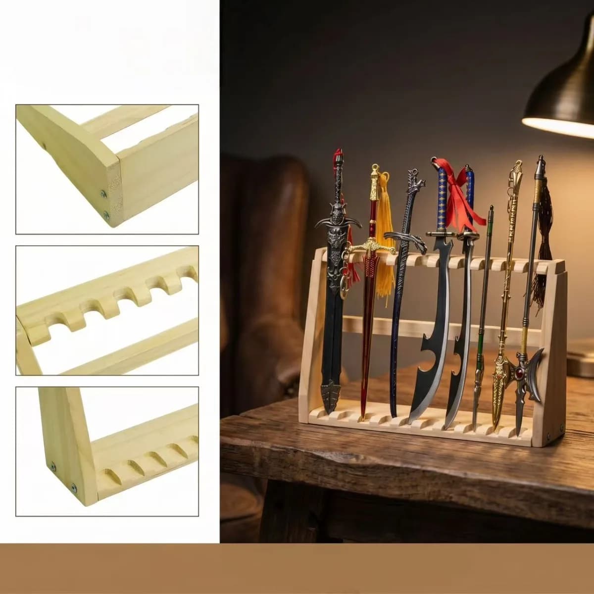 Espositore da Tavolo in Legno per Spade, Supporto per 8 Mini Modelli di Armi, Organizzatore per Lame da Collezione di Giochi e Anime, Regalo