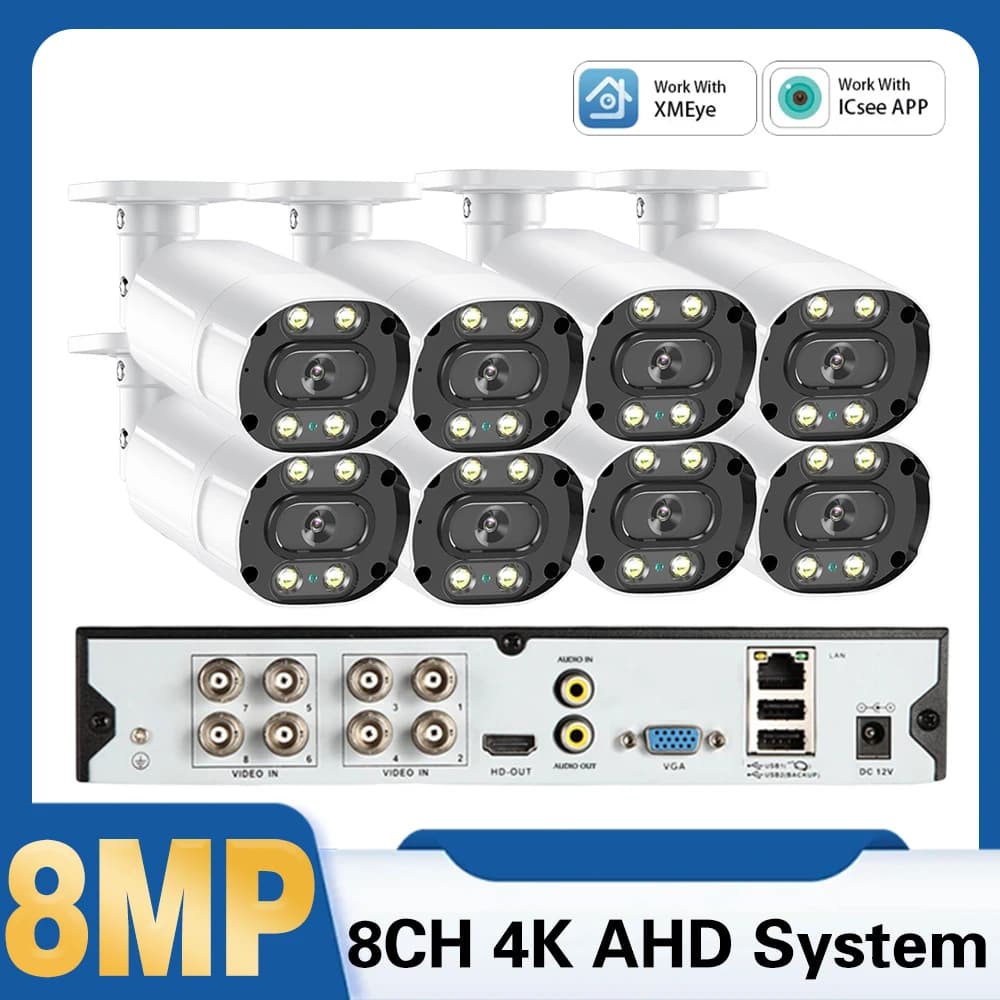 Sistema di Telecamere AHD H.265 8CH 8MP con Rilevamento Facciale e Umano, Impermeabile IP66 per Esterni, Set di Sorveglianza 4K con Visione Notturna a Colori