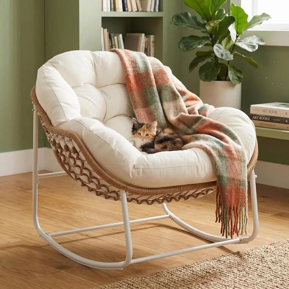 Sedia a dondolo in rattan a forma di uovo con cuscino, Poltrona Papasan per interni/esterni per soggiorni e patii