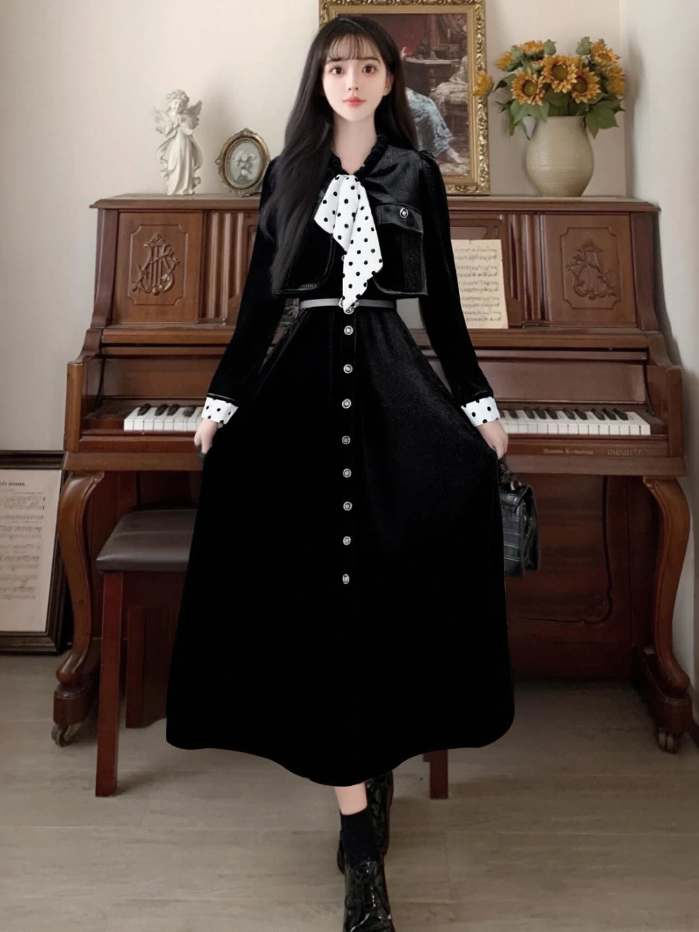 Elegant Waist Belt Long Dress Women's Autumn New Style Classy High Waist A-Line Skirt French Style Polyester Fabric Long Sleeve