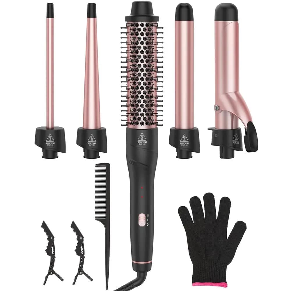 Set di ferri arricciacapelli 5 in 1 con cilindri regolabili da 3/8 a 1 1/4 pollici, spazzola termica, ideale per tutti i tipi di capelli e per i viaggi