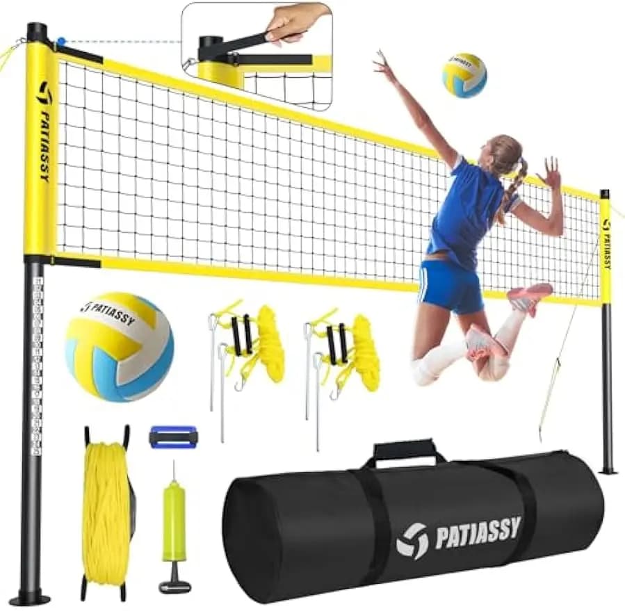 Portable Volleyball Mesh System with Adjustable Height, Includes Ball, Pump and Bag For Transport For Outdoor Fun