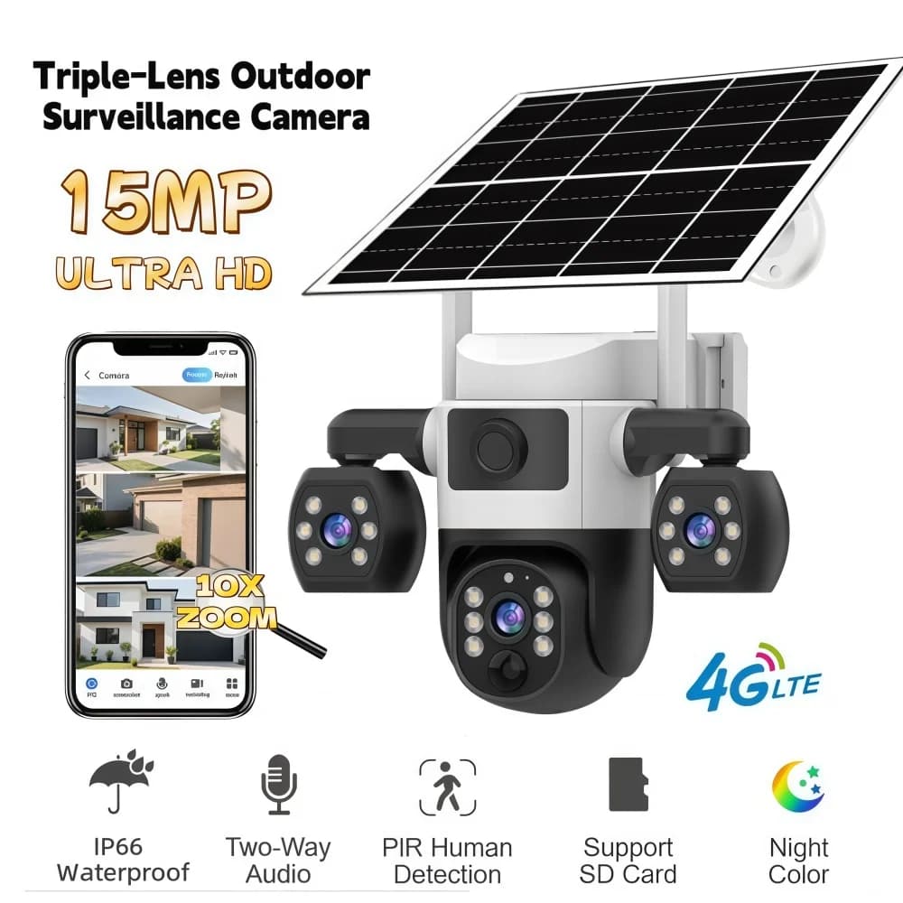 Telecamera di Sicurezza IP 4G Alimentata a Energia Solare con Monitor a 3 Lenti, 360° ° Telecamera di Sorveglianza Esterna con Visione Notturna, Rilevamento di Movimento PIR e Zoom 10x
