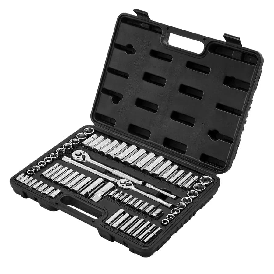Set di chiavi a bussola e cricchetto da 69 pezzi, attacco da 3/8 e 1/4 di pollice, misure SAE e metriche, include bussole profonde e standard, kit di attrezzi per meccanici.