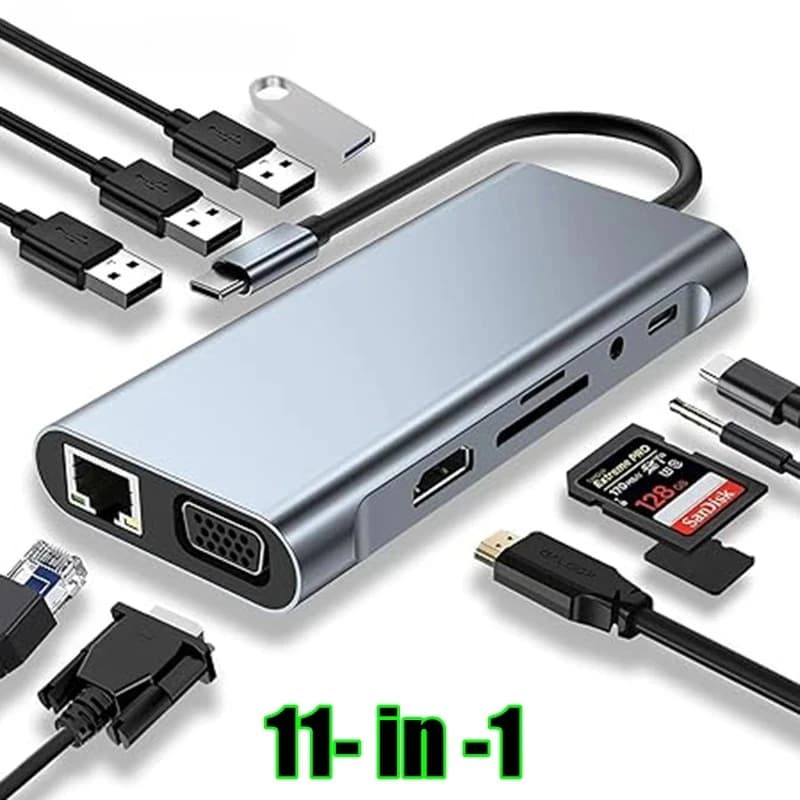 11 in 1 USB C HUB, USB C Adapter Dongle with 4K HDMI/VGA/Type C PD/RJ45/ SD/TF Card Reader For MacBook Pro/Air M1 iPad