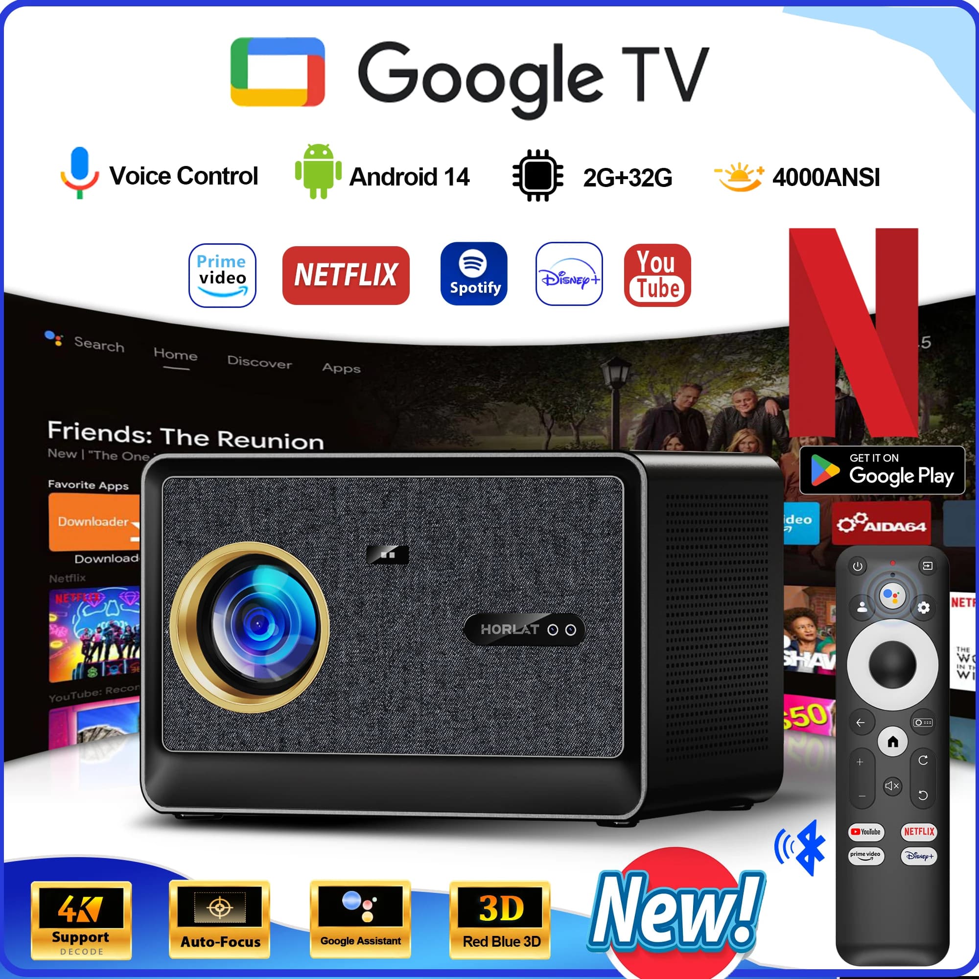 HORLAT 4000ANSI Lumen Ultra HD Projector Video Movies Google TV Home Theater 32GB Android 14 Auto Focus Smart TV Beam Projectors