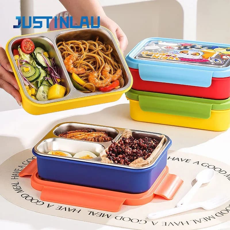 JUSTINLAU 304 Stainless Steel Sealed Leak Proof Student Lunch Box/3 Mesh Bento Box Tableware Outdoor Fruit Food Container