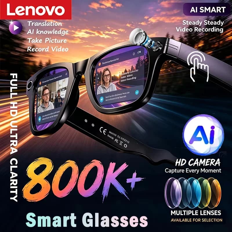 Lenovo Upgrade 800W HD Smart AI Record Glasses Shooting Camera Photo Video Voice Call Translation Bluetooth Motorcycle Glasses