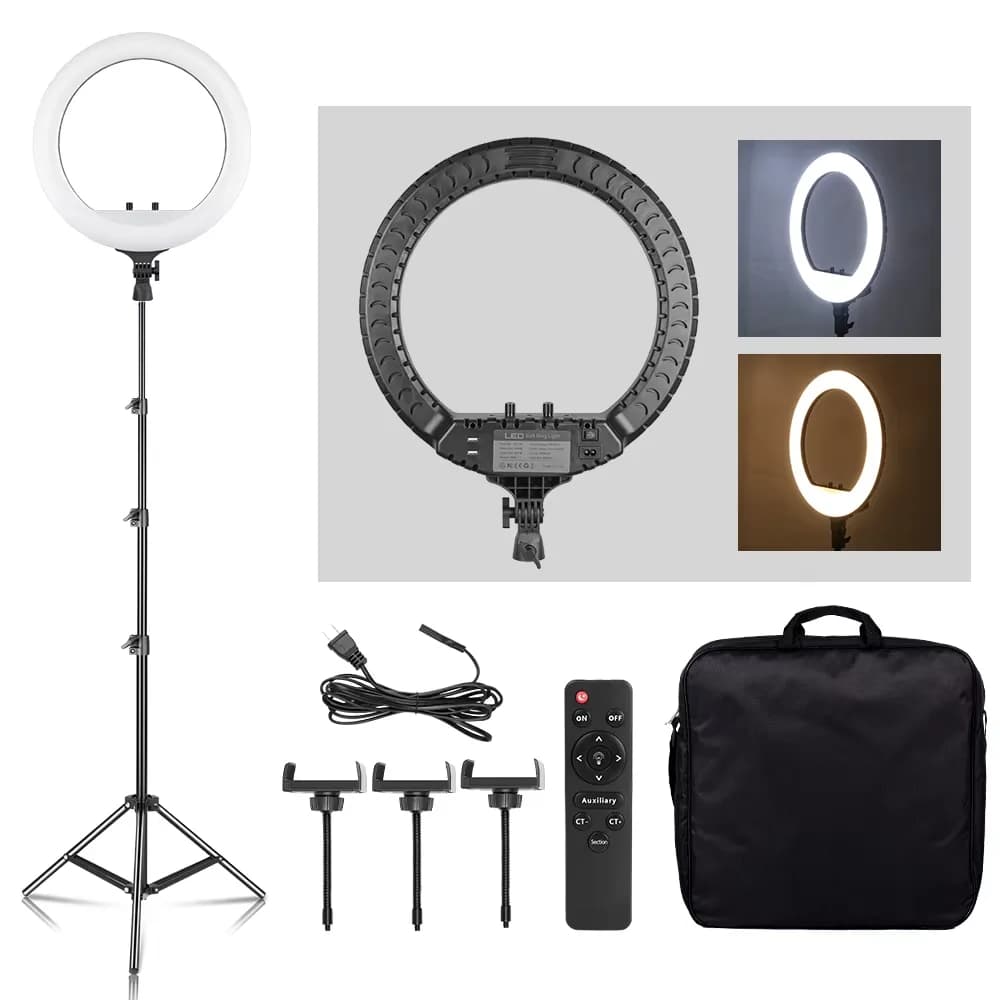 Lampada LED ad anello da 18 pollici SH con supporto per treppiede e clip per telefono, per selfie, video, YouTube Live, illuminazione fotografica e studio fotografico