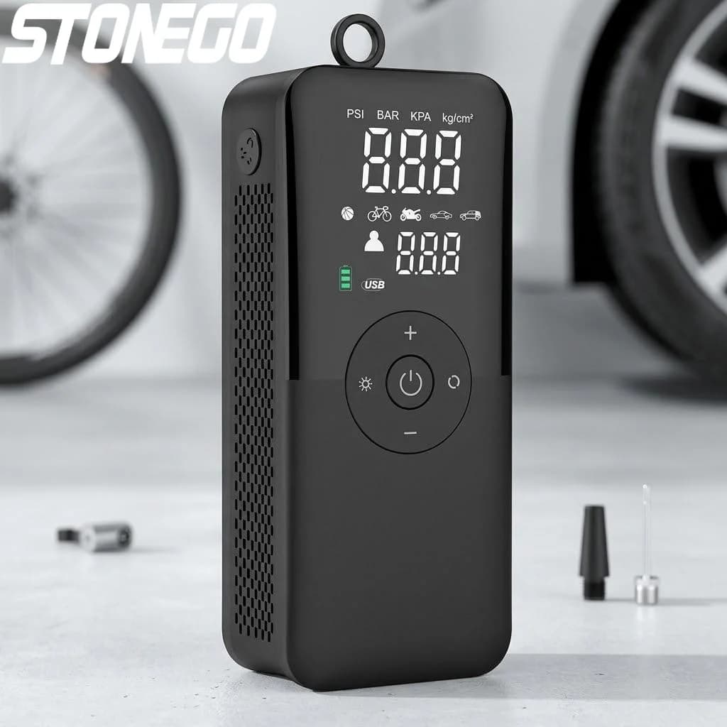 Pompa d'Aria Digitale Portatile Ricaricabile Senza Fili per Auto, Moto, Biciclette, Palloni, con Manometro