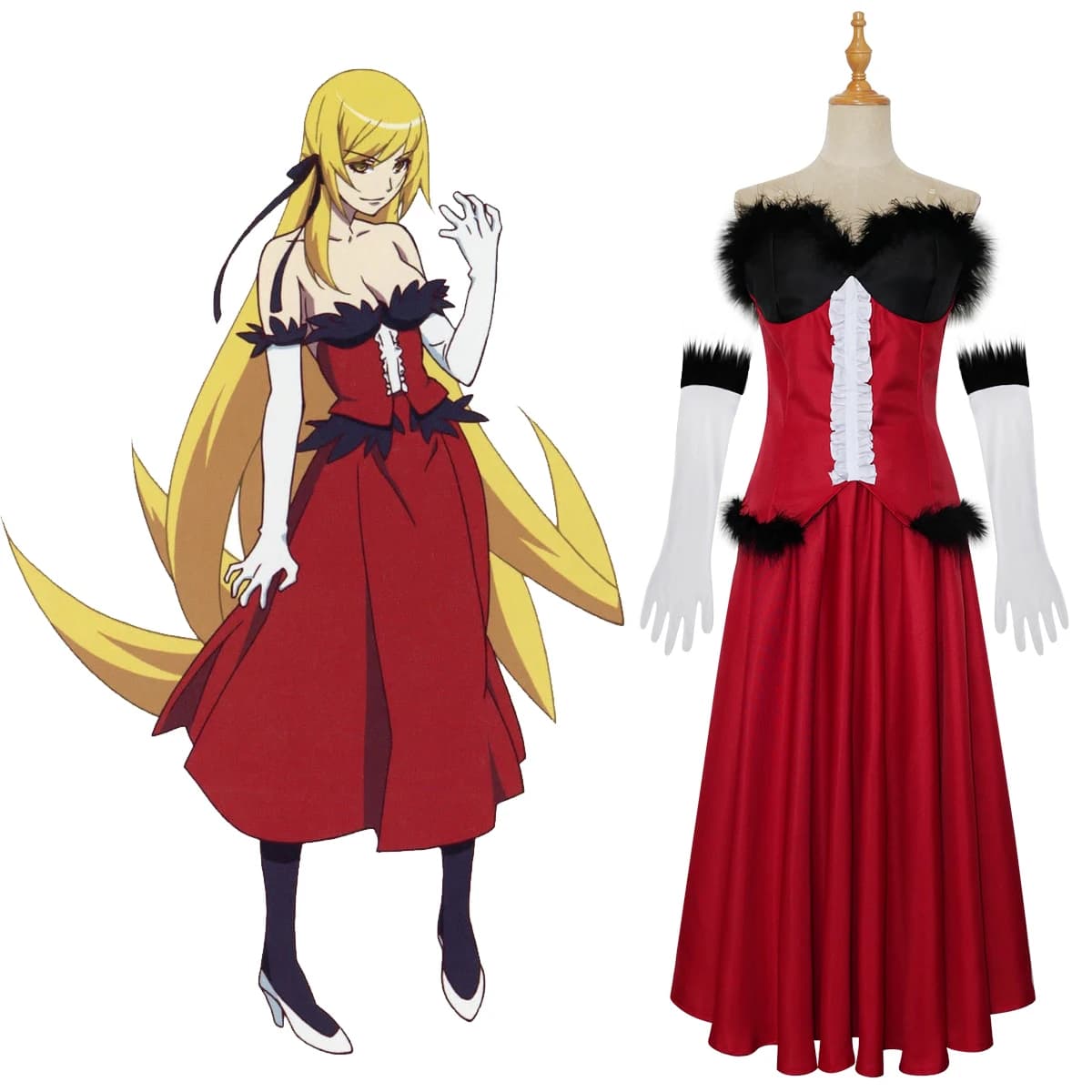 Bakemonogatari Shinobu Oshino Costume Cosplay Kiss-Shot Acerola-Orion Heart-Under-Blade Abito rosso senza spalline
