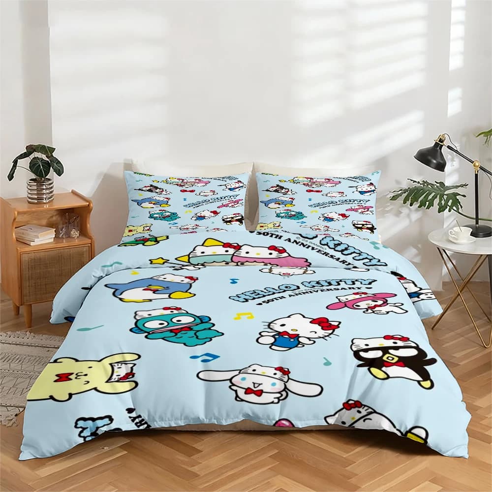 Set of high-definition digital print sheets in 3 pieces, with large flower print of Hello Kitty and Sanrio characters, includes 1 sheet with corners + 2 pillowcase, suitable for bedroom, guest room, home decoration, sheet with polyester fiber corners + pillowcase, ultra soft bed linen, thick fabric, comfortable for all seasons, washing machine.
