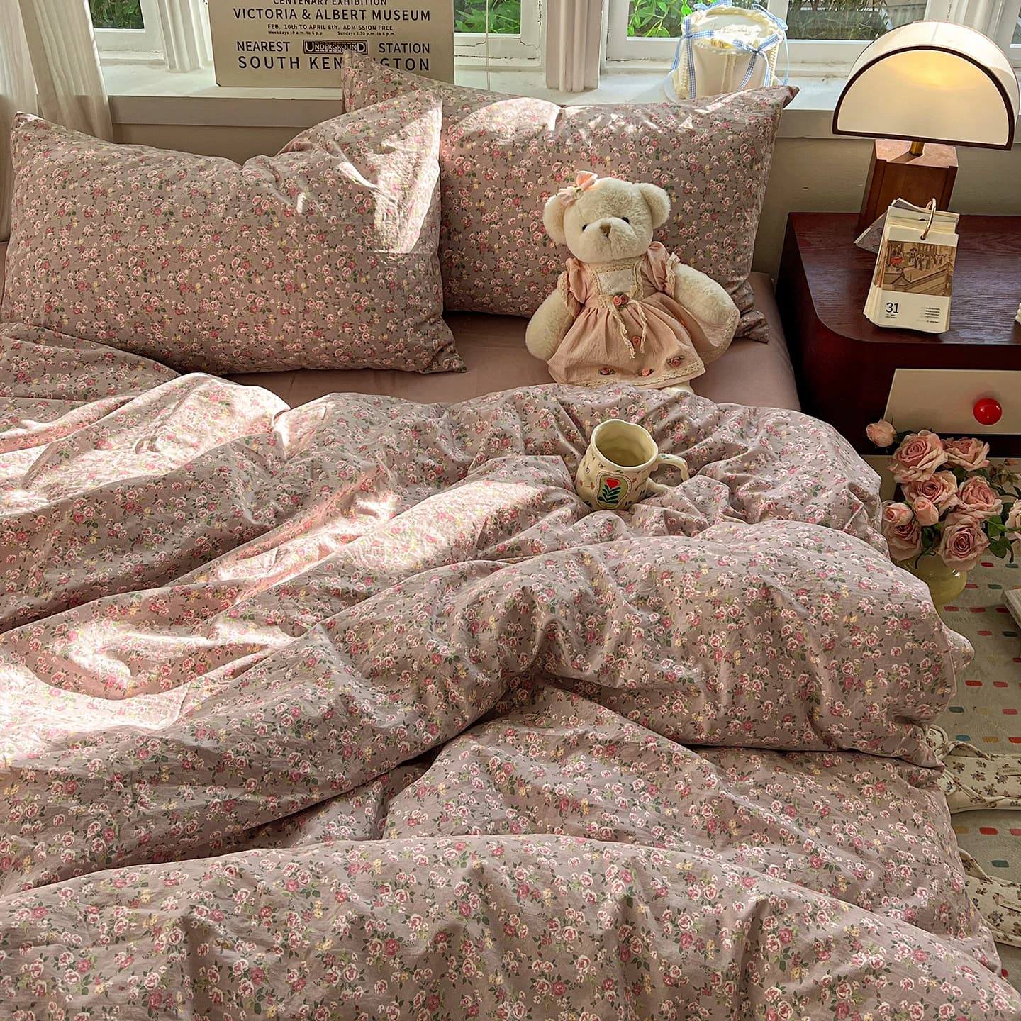 Set di Biancheria da Letto Floreale Stile Coreano, Set Lenzuola Morbide Queen King Size, Set Copripiumino Senza Imbottitura con Federe, Decorazione Camera da Letto