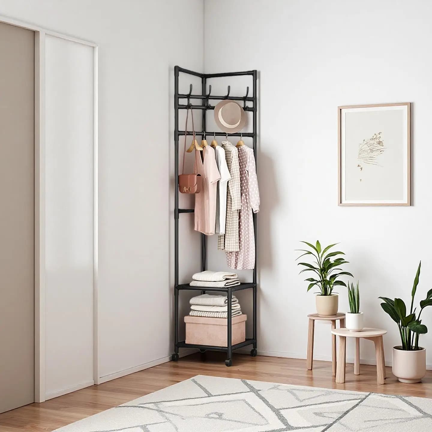Black/White 2-Tier Metal Corner Coat Rack Freestanding Clothes Hanger with 360° Swivel Wheels Space-Saving Garment Organizer Hat Storage Shelves 4 Hooks Floor Furniture for Bedroom Entryway