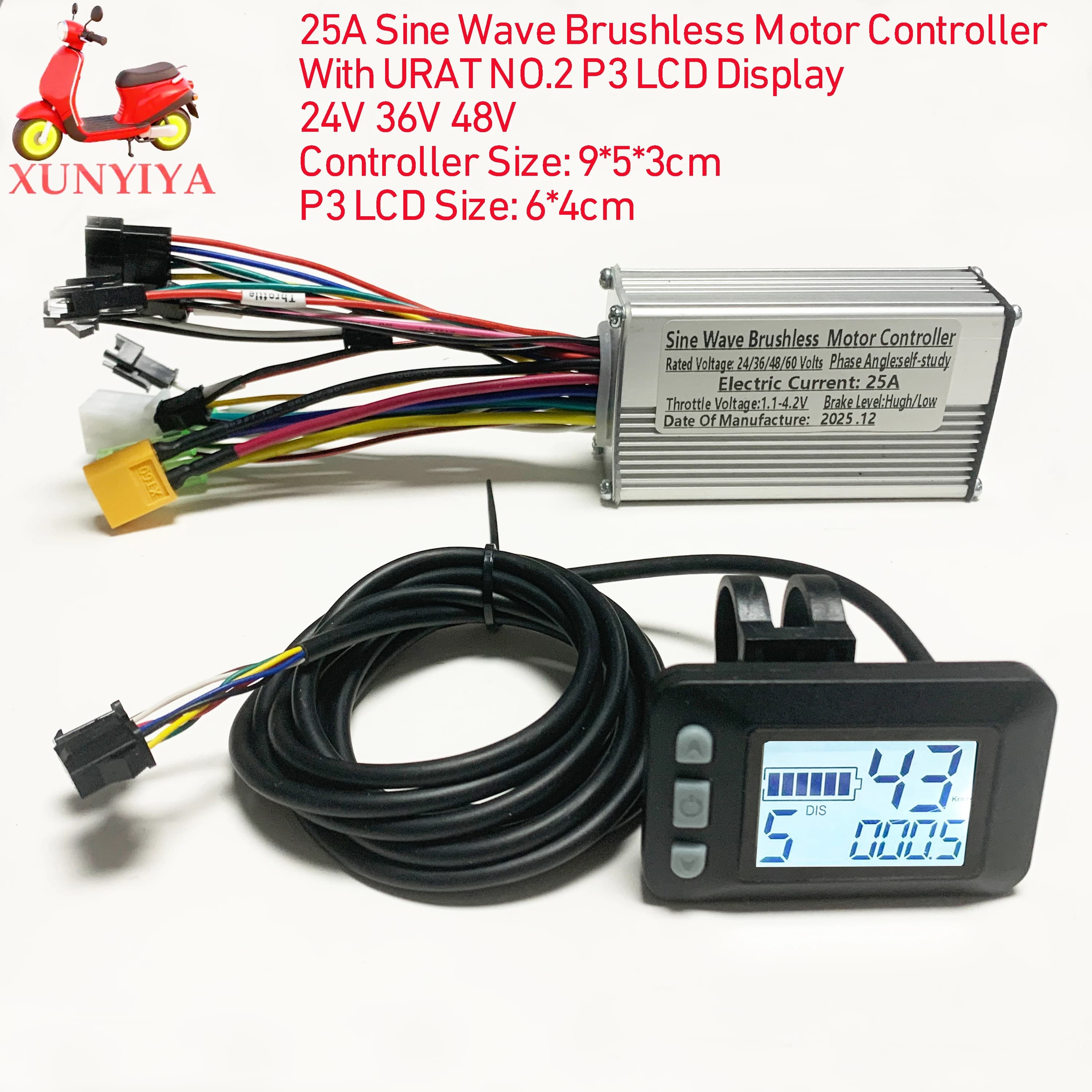 Display UART2 24V 36V 48V per E-bike, Pannello LCD per E-Scooter con Controller a Onda Sinusoidale 25A, Set per Bici Elettrica da Montagna (5+2PIN)