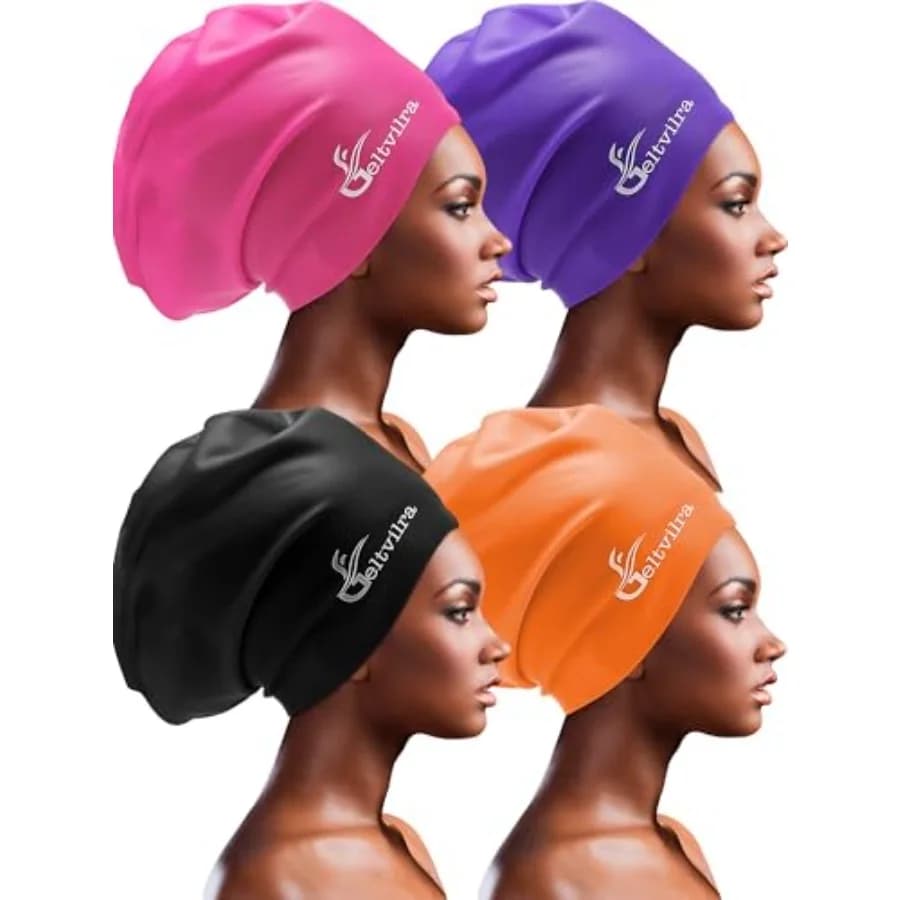4 Pack Silicone Extra Large Swim Caps for Braids and Dreadlocks Black Women Men Long Hair Swimming Waterproof Pool