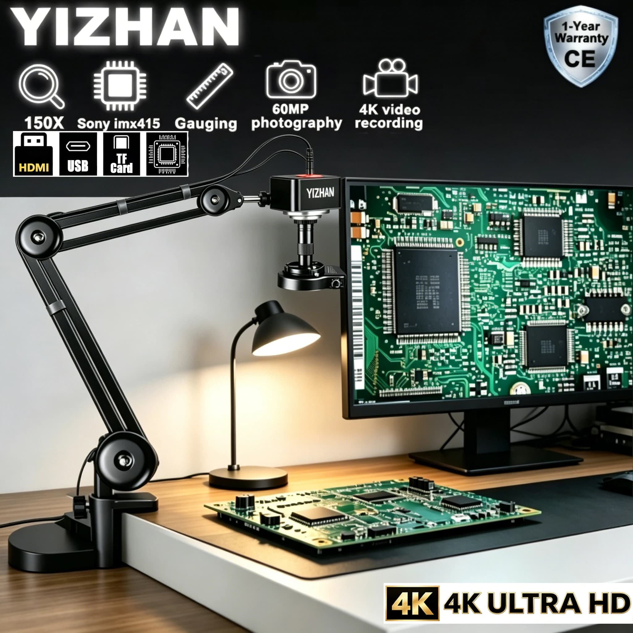 Microscopio Digitale Elettronico YIZHAN 4K 60MP per Saldatura con HDMI 1080P, Sensore IMX415L, Lente 150x, Supporto a Sbalzo
