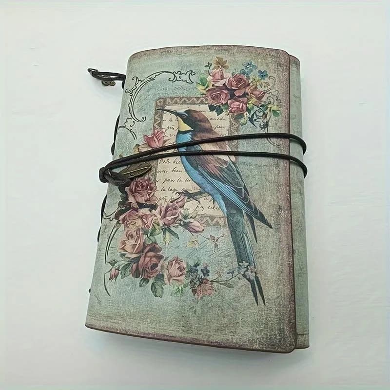 Vintage Elegant Hardcover Journal, PU Leather Cover with Bird-Floral Pattern, Compact Portable Office Stationery Notepad for Office & Personal Use