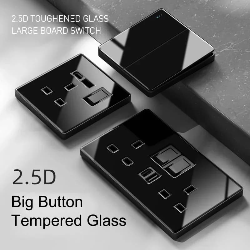 Vetro nero 1 2 3 4 Gang 1 interruttore a pannello grande a 2 vie con LED Fast Charge 13A UK EU presa universale con presa dati USB TypeC TV