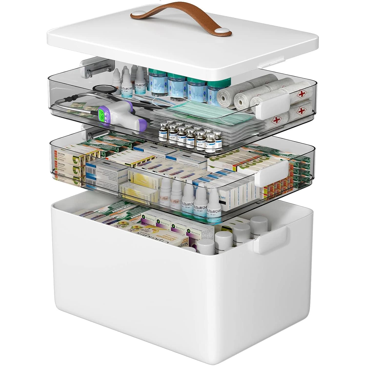 Armadietto dei medicinali portatile con manico in pelle, organizer per medicinali a 3 livelli, kit di pronto soccorso vuoto per la casa