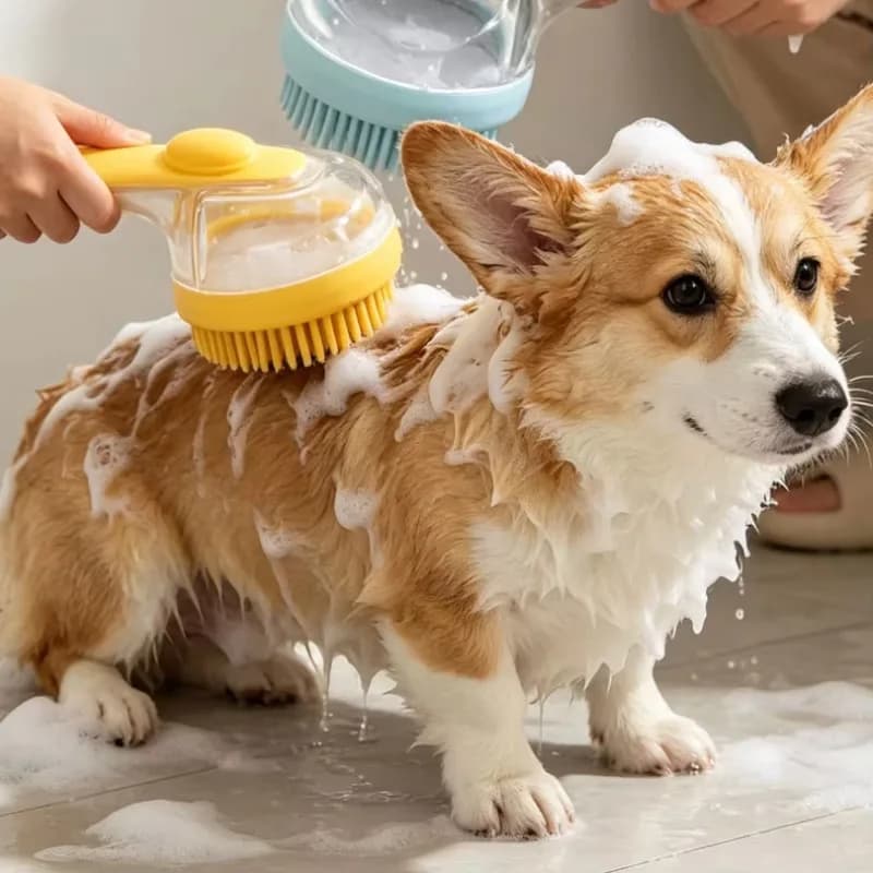 Multi-Functional Silicone Pet Bath Brush Long Handle Shower Grooming Brush With Soap Dispenser