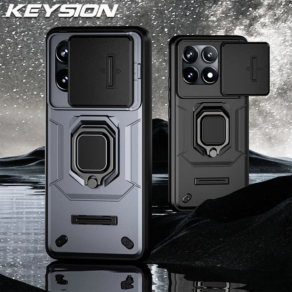 KEYSION Shockproof Case for Xiaomi POCO X6 M6 Pro Slide Camera Lens Protection Ring Stand Phone Back Cover for POCO F6 X5 Pro 5G