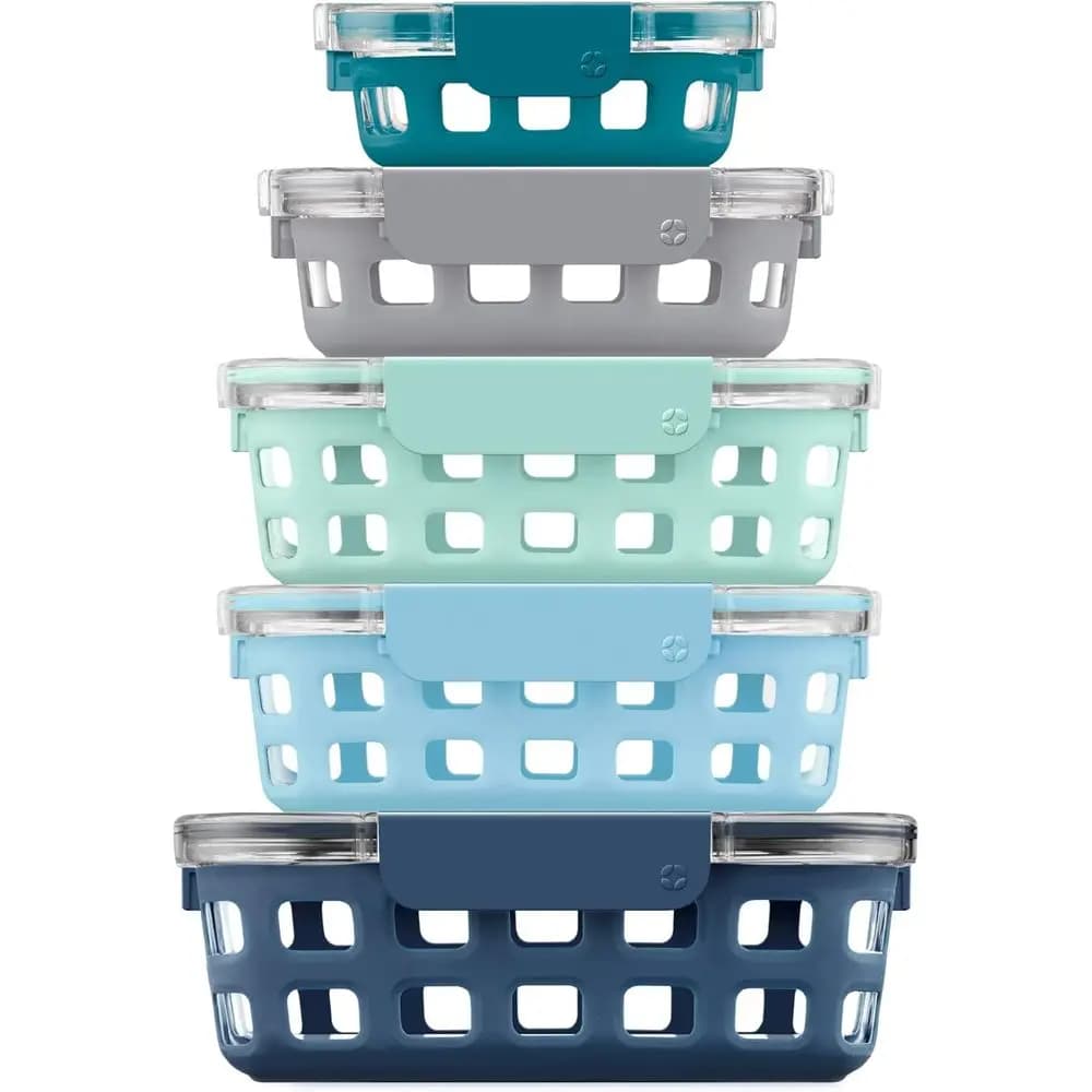 Contenitori in Vetro Ermetici per Preparazione Pasti con Guaine in Silicone e Coperchi Senza BPA - Lavabili in Lavastoviglie, Utilizzabili in Microonde e Congelatore