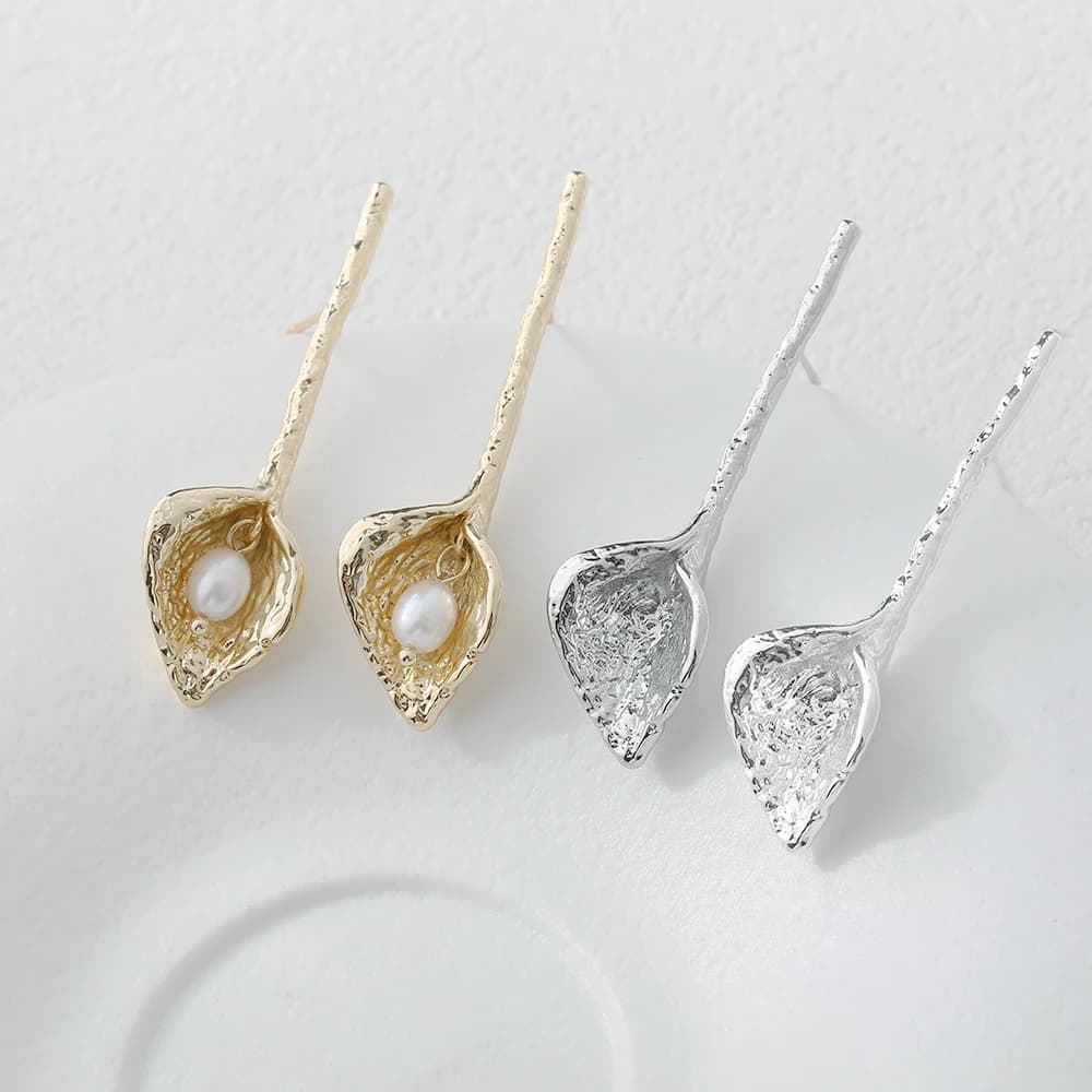 2 pcs button earrings with long delicate flowers for creating jewelry diy accessories made of brass plated gold 14k 55 * 16mm