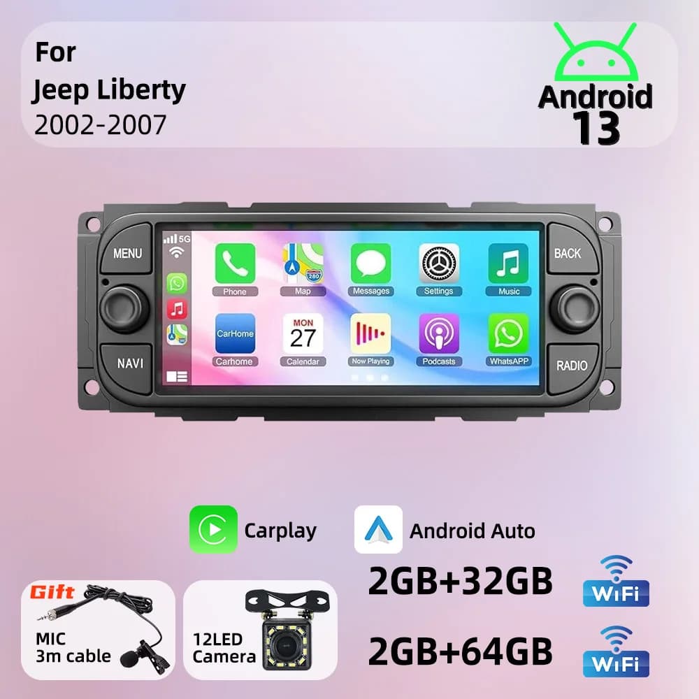 Autoradio 1 Din con GPS, Schermo da 6,86" Android 13, Sistema Multimediale per Jeep Liberty 2002-2007, Carplay Wireless