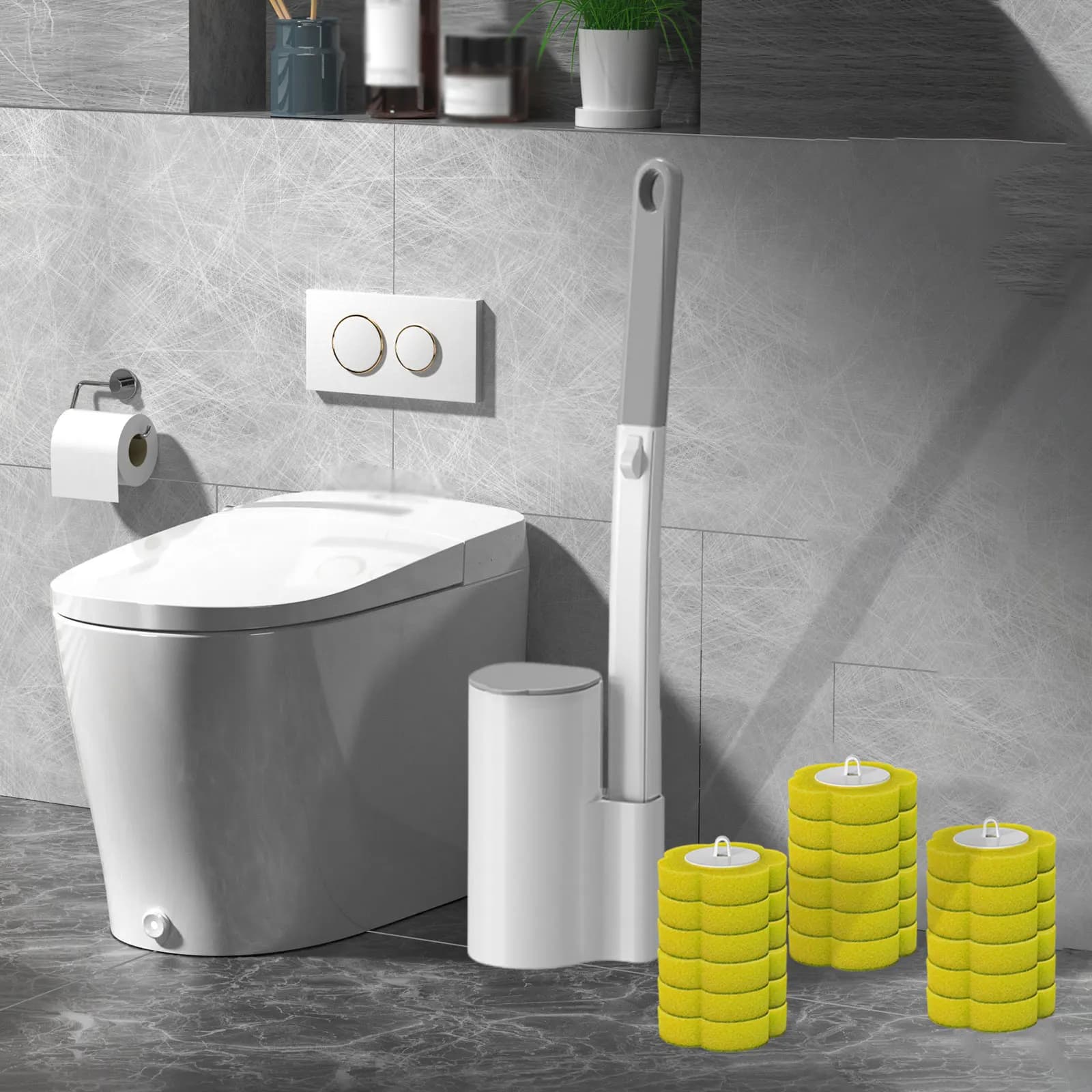 Set di Spazzole per WC Usa e Getta Montate a Parete con Testine di Ricambio per Accessori Bagno Domestico