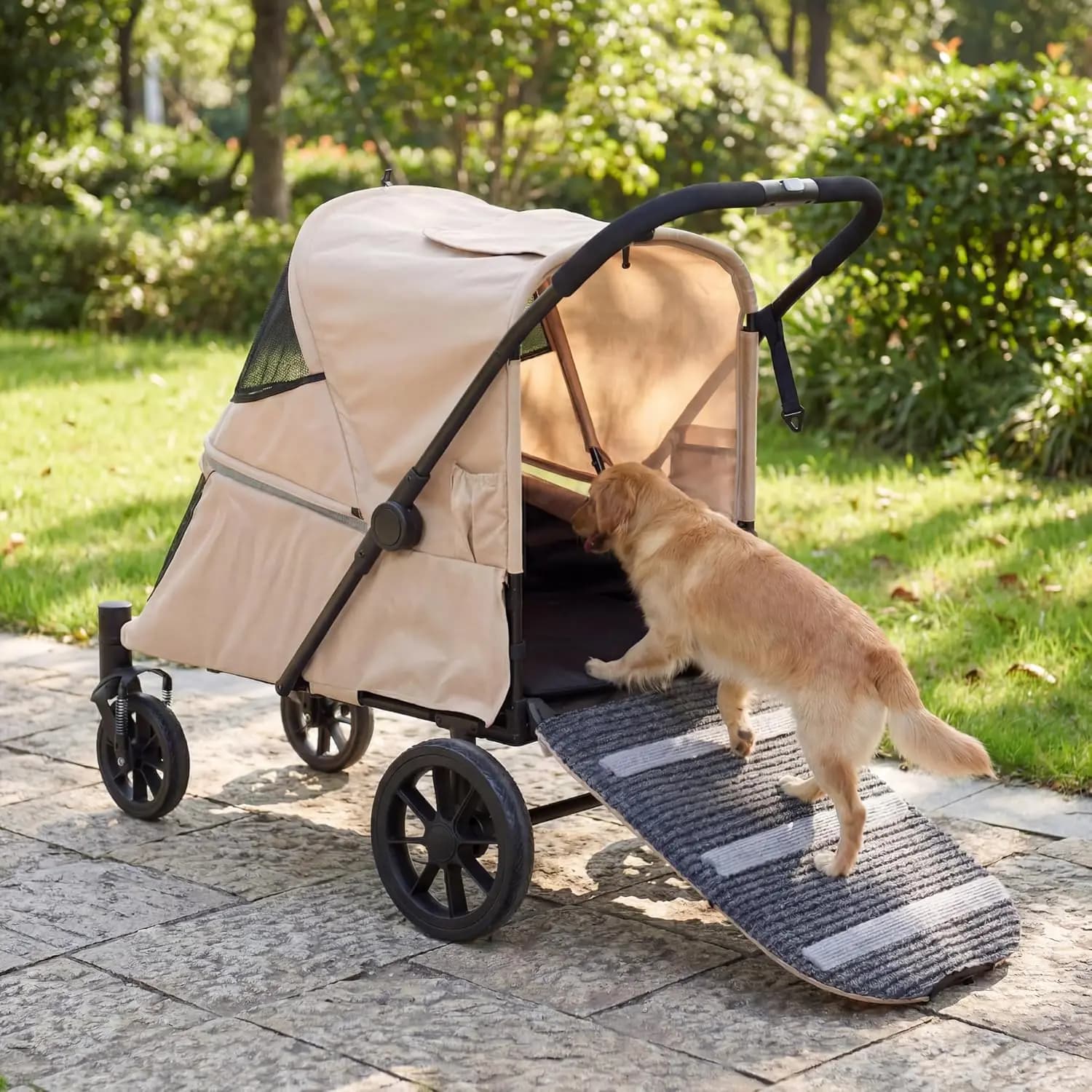 4 Wheels Pet Stroller, Foldable Extra Large Dog Stroller for Medium & Large Dogs/Cats with Built-in Access Ramp, Dog Carrier Cat