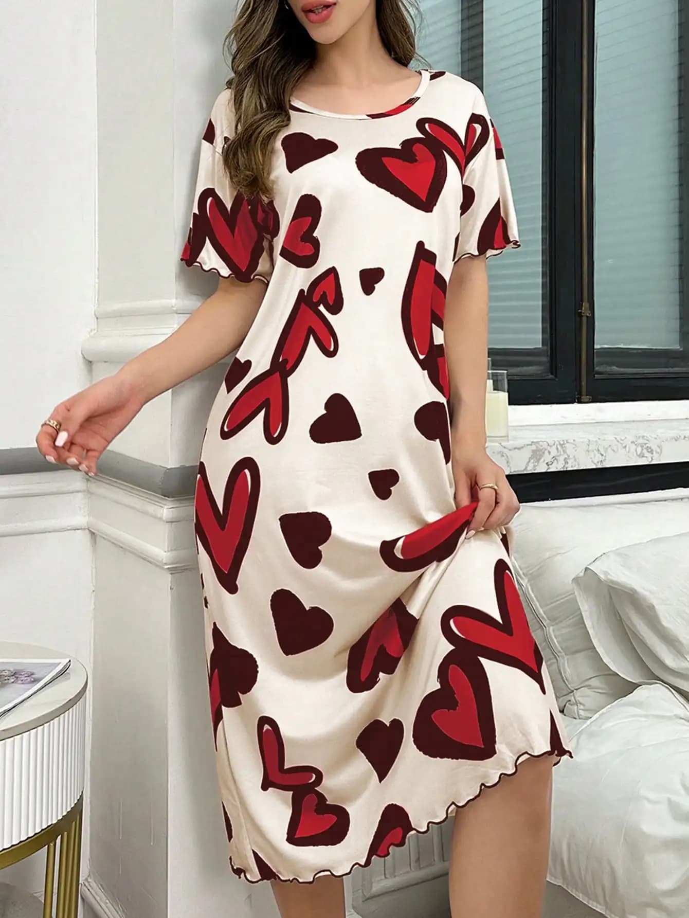 \Women's Summer Milk Silk Heart Night Dress Loose Short Sleeve Casual Loungewear Soft Skin-Friendly Breathable Comfort Sleepwear