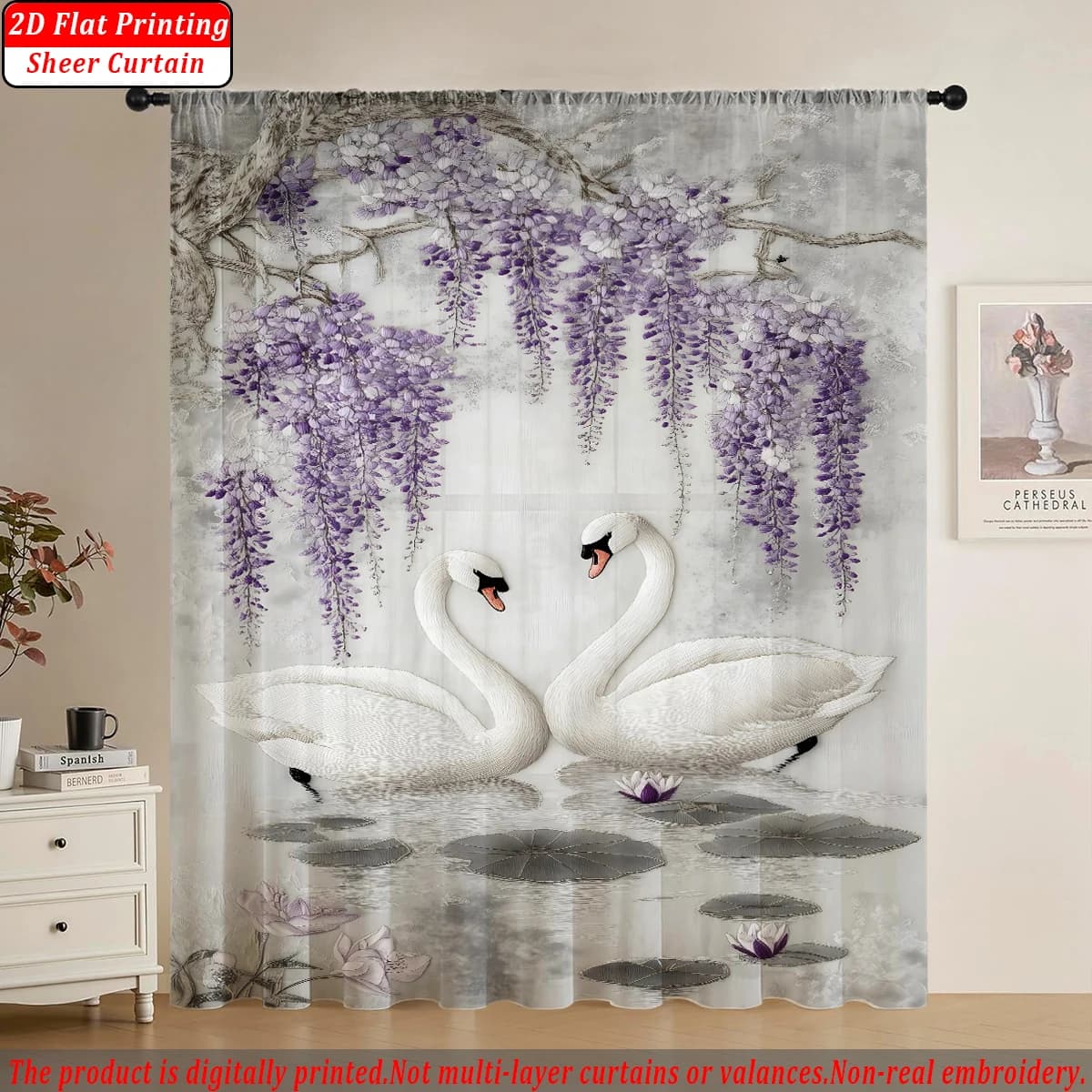 Tenda trasparente con stampa piatta di fiori di vite viola cigno bianco, tessuto leggero, per la decorazione di porte e finestre di casa, camera da letto del soggiorno