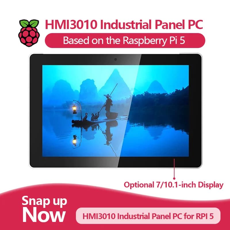 HMI3010 industrial PC all-in-one with touch panel with optional 7/10.1 inch display, compatible with Raspberry Pi 5.