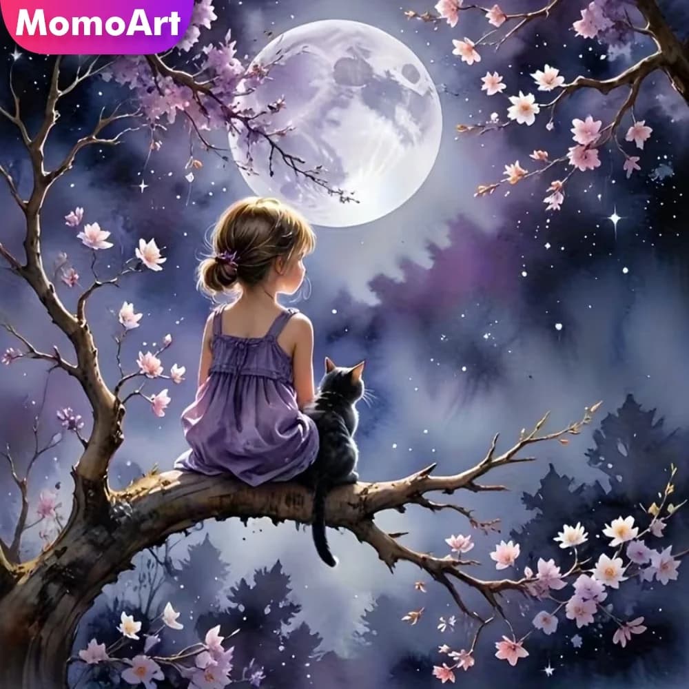 Momoart Kit Ricamo Diamantato Fai da Te: Ritratto Ragazza, Gatto Cartone Animato, Albero, Luna - Mosaico Diamantato con Perline per Artigianato