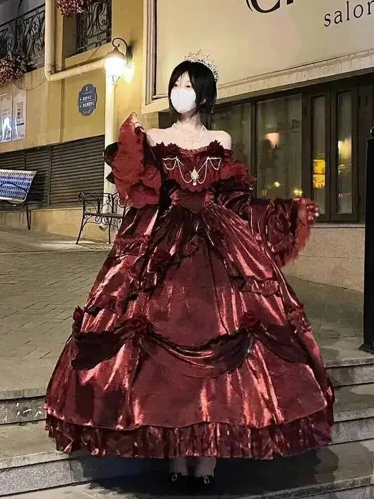 Abito da principessa di bellezza Gonna Lolita rossa Abito lungo Elegante abito Lolita Industria pesante Skrit Fiore Abito rosso Abito da passione rosso