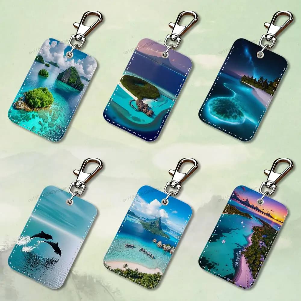 Rectangular keyring with Maldives Scenery, Leather Weaving Door, Keyring Ring