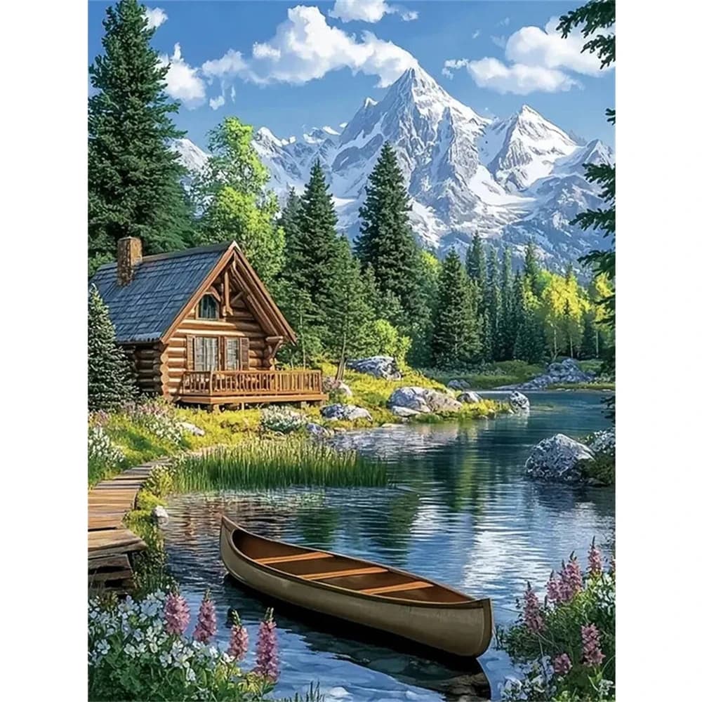 Kit Fai-da-te Mosaico Diamantato per Principianti: Paesaggio Montano, Casa, Fiume - Decorazione Murale Ricamata