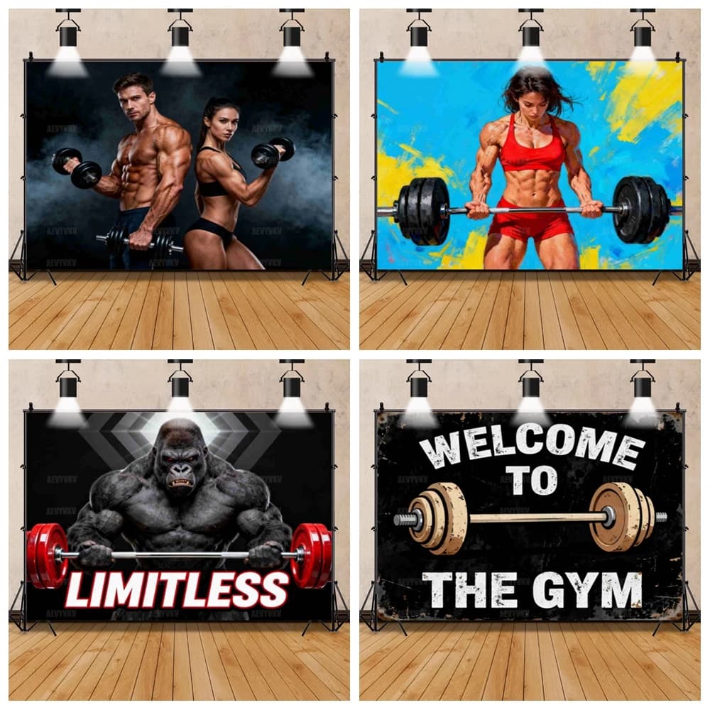 Vintage Metal Weightlifting Barbell Dumbbell Backdrop Muscle Man Woman Gym Fitness Motivation Poster Banner Retro Strength Props
