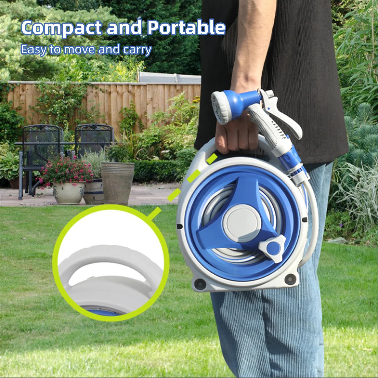 Avvolgitubo da Giardino Portatile Retrattile con Ugello Spruzzatore 8-in-1, Tubo da 13,1 m, Supporto per Stoccaggio Tubo con Blocco Spray