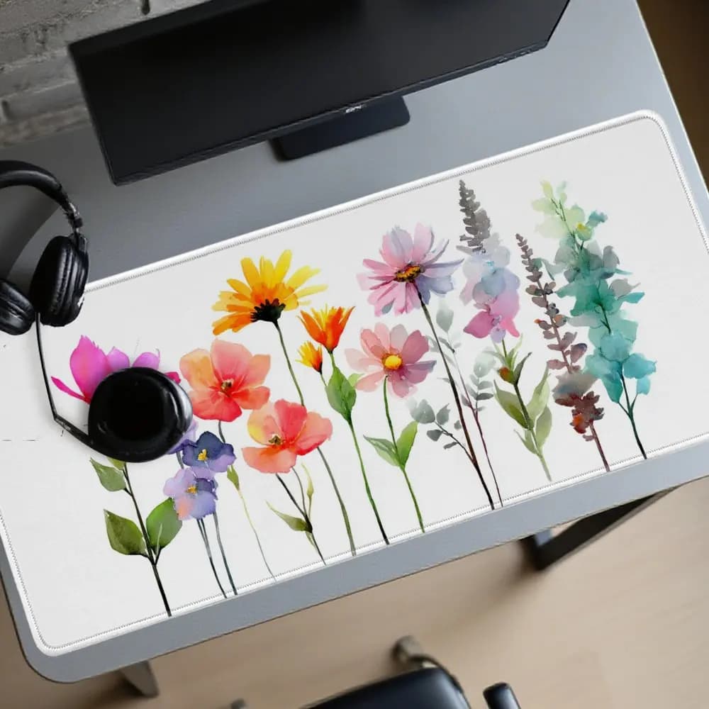 Tappetino per mouse da gaming in gomma con motivo floreale ad acquerello, estetico, grande, per computer