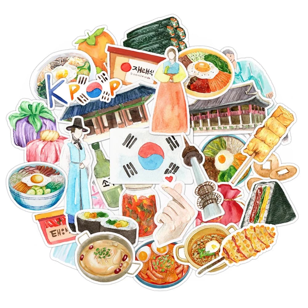 Set of 30 Watercolor Korean Travel Food Sticker Pack for Scrapbooking, Journal, Planner, Laptop and Water Bottles, DIY Craft