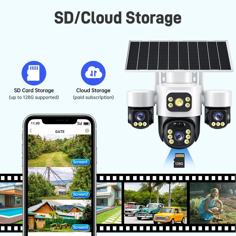 Telecamera di sicurezza solare AOV 8K 15MP 4G, 3 schermi 3 obiettivi PTZ con zoom 12X, CCTV esterno wireless per sorveglianza domestica