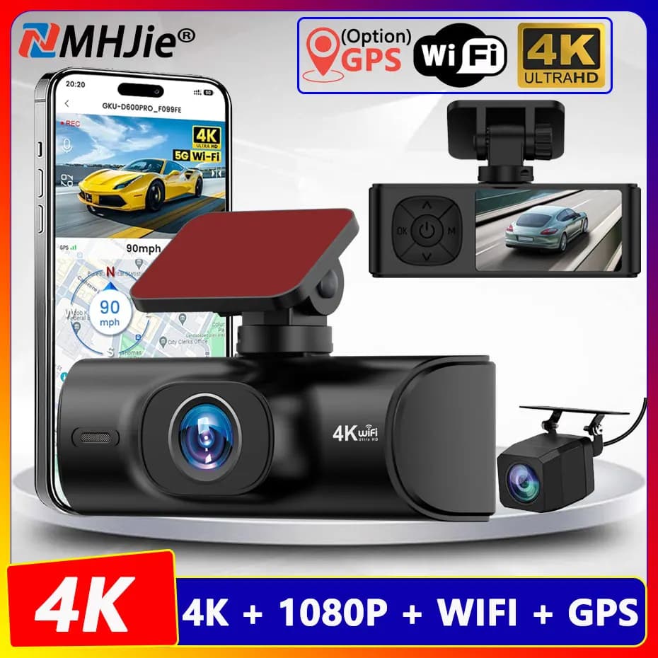 DVR Cameras for Car 4K 2160P with WIFI and GPS, Double Dash Cam Front and Back, Video Recorder for Car, Camera, Black Box