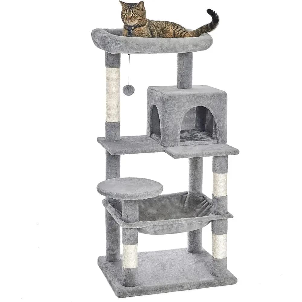 Torre per Gatti a 46,5 Livelli con Tiragraffi in Sisal, Posti Sdraio in Peluche, Amaca e Cuccia - Grigio Chiaro