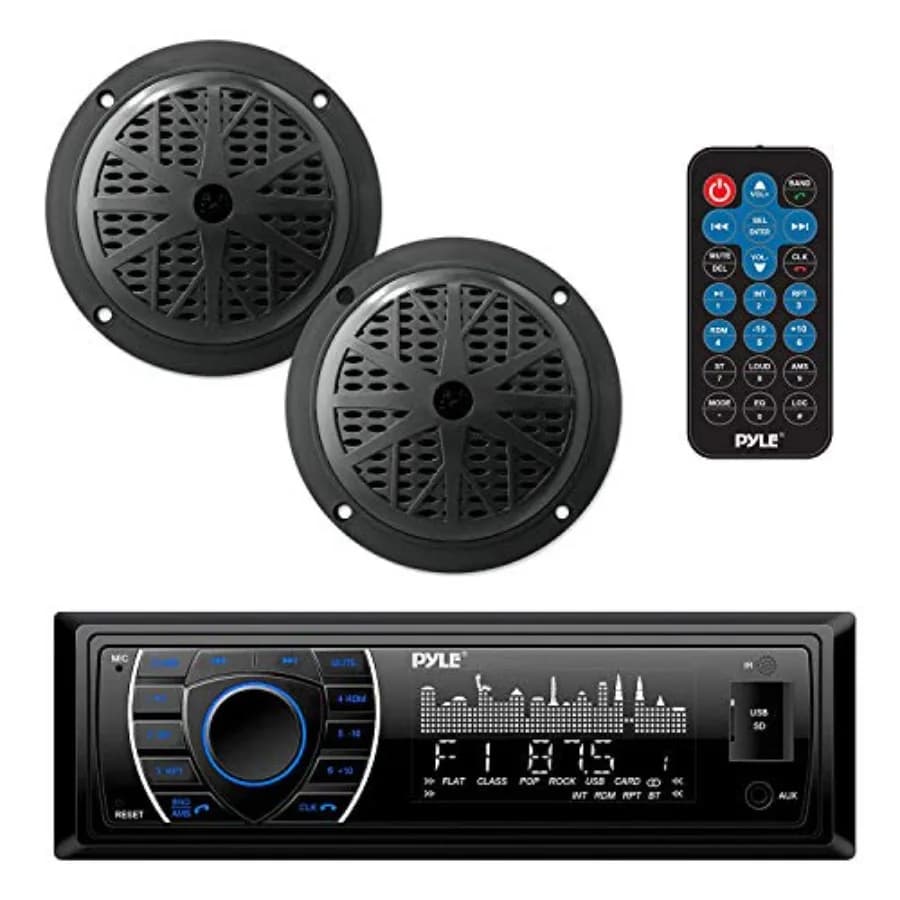 Kit Altoparlanti Ricevitore Radio Marino per Barche: Altoparlanti da 5,25'' in Plastica ABS, Neri, Impermeabili con Bluetooth Integrato, Display LCD